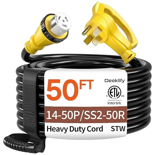 50FT 50 Amp Generator Cord, NEMA 14-50P/SS2-50R Heavy-Duty 4 Conductors Cable, Pure Copper STW RV Extension Cord, Female Plug with Twist Lock, Suitable for RV or Camper, ETL Listed