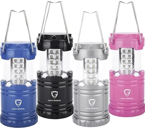 Gold Armour Camping Lanterns for Power Outages 4 Pack, Camping Essentials Lantern, Emergency Led Battery Operated Lights, Survival Kit and Gear for Hurricane (Multicolor)