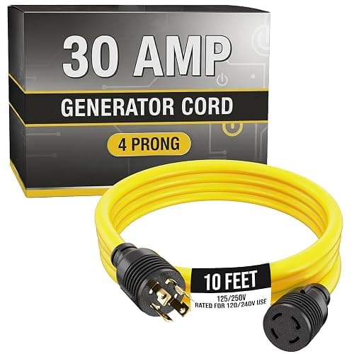 Houseables 30 Amp Generator Cord, Generator Cord, NEMA L14-30P to L14-30R, 30 Amp Extension Cable, 125/250V for 240V Use, 240 Volt, 30amp Power Wire, 4 Prong Plug, Dryer, UL CUL, 10 Gauge, 7500W, 10FT
