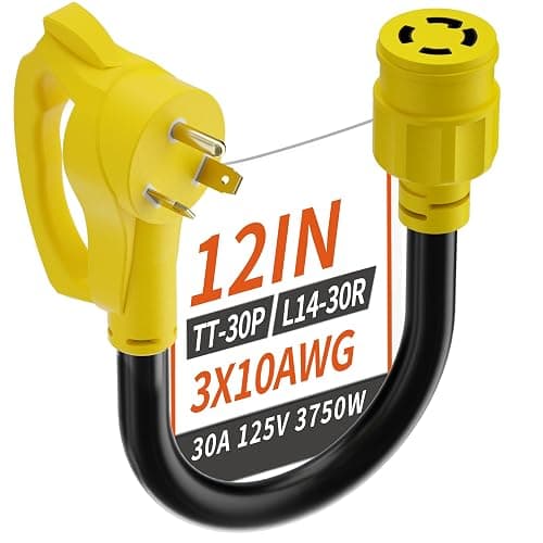PlugSaf 3 Prong 30 Amp RV Generator Adapter Cord, NEMA TT-30 Male Plug to NEMA L14-30 Twist Lock Female Plug, 12 Inch(1 FT) 10 Gauge STW Power Cord, Max 30 Amp 125V/250V, Yellow, ETL Listed
