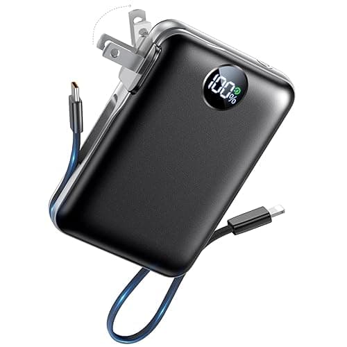 Portable Charger 10000mAh, 45% Smaller Power Bank with Built-in Cables & AC Wall Plug, 22.5W Fast Charging 4 Outputs, Slim Travel Battery Pack with LED Display for iPhone, ipad, Samsung, Black