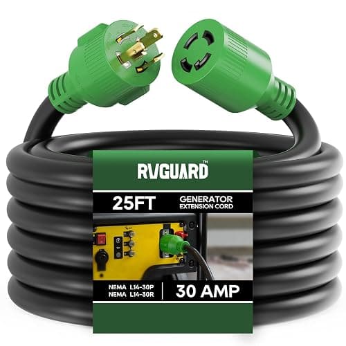 RVGUARD 4 Prong 30 Amp 25 Foot Generator Extension Cord, ETL Listed | NEMA L14-30P/L14-30R, 125/250V Up to 7500W, 10 Gauge SJTW