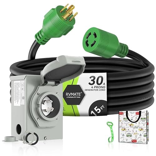 RVMATE 4 Prong 30 Amp Generator Cord (15FT) and Pre-Drilled Power Inlet Box | L14-30P to L14-30R Cord with L14-30P Generator Inlet, Waterproof Combo Kit, ETL Listed