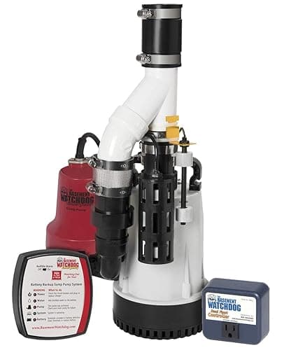 THE BASEMENT WATCHDOG Model DFK961 1/3 HP Combination Submersible Sump Pump with Cast Iron/Cast Aluminum Primary Sump Pump and a 24 Hour a Day Monitoring Emergency Battery Backup Sump Pump System