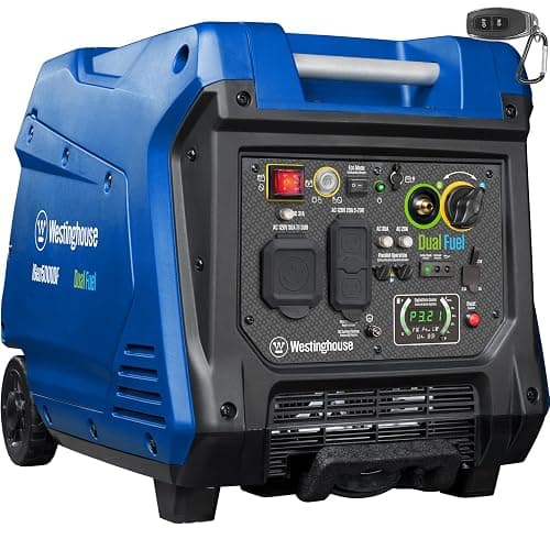 Westinghouse 5000 Peak Watt Super Quiet Dual Fuel Portable Inverter Generator, Remote Electric Start, Gas & Propane Powered, RV Ready 30A Outlet, Parallel Capable, Blue/Black