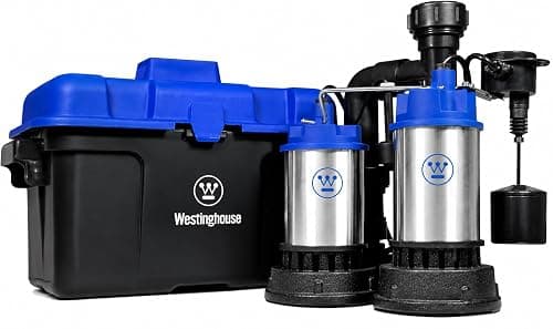 Westinghouse Battery Backup Sump Pump System – 1/2 HP Dual Sump Pumps with Automatic Switchover, Stainless Steel Construction, Top Suction Design, Basement Flood Protection